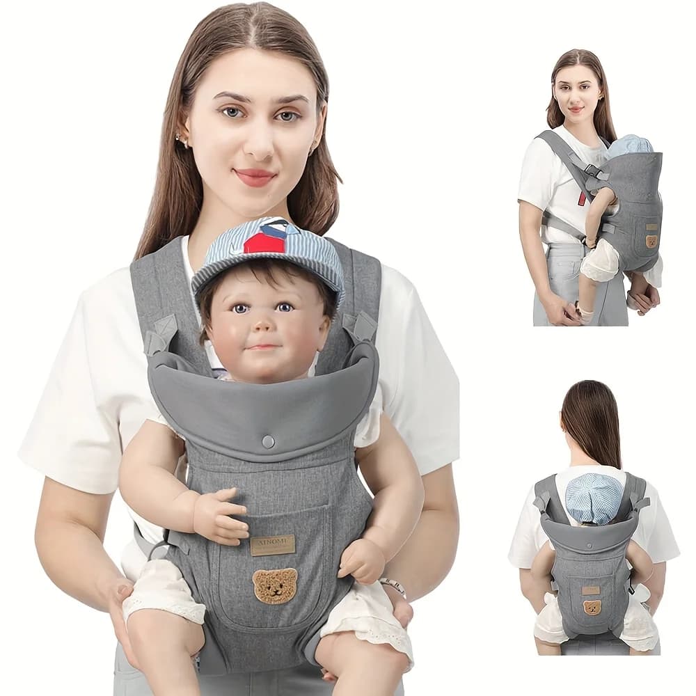 Marsupio per neonati con motivo orso grigio, da neonato a bambino, con supporto migliorato per spalle e vita, marsupio ergonomico con supporto per la testa