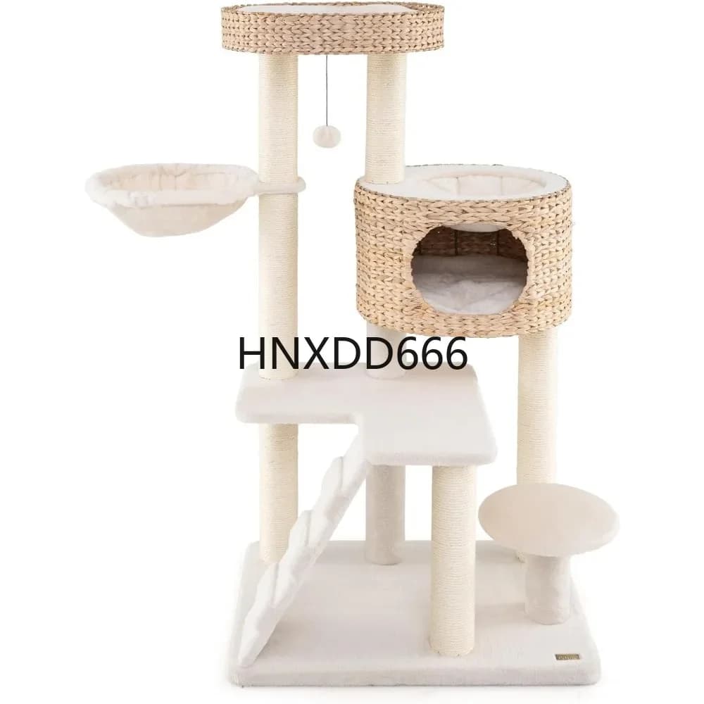 Modern Cat Tree, with Cattail Fluff Condo Top Perch, Hanging Basket, Platforms, Ladder,