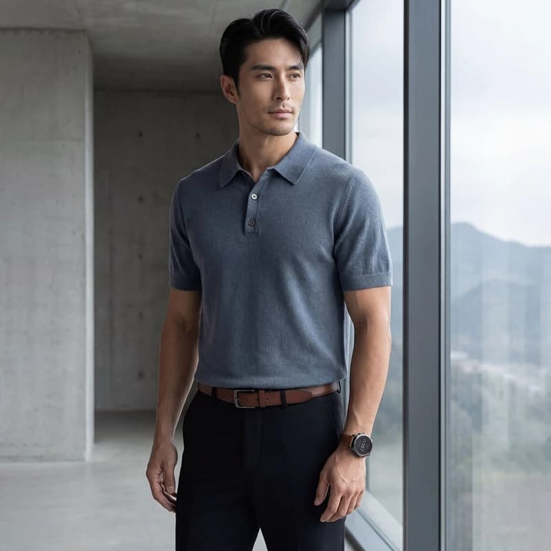 High quality men's 100% pure cashmere T-shirt casual solid knitted sweater short sleeved POLO collar Tees18 needle spun Tops