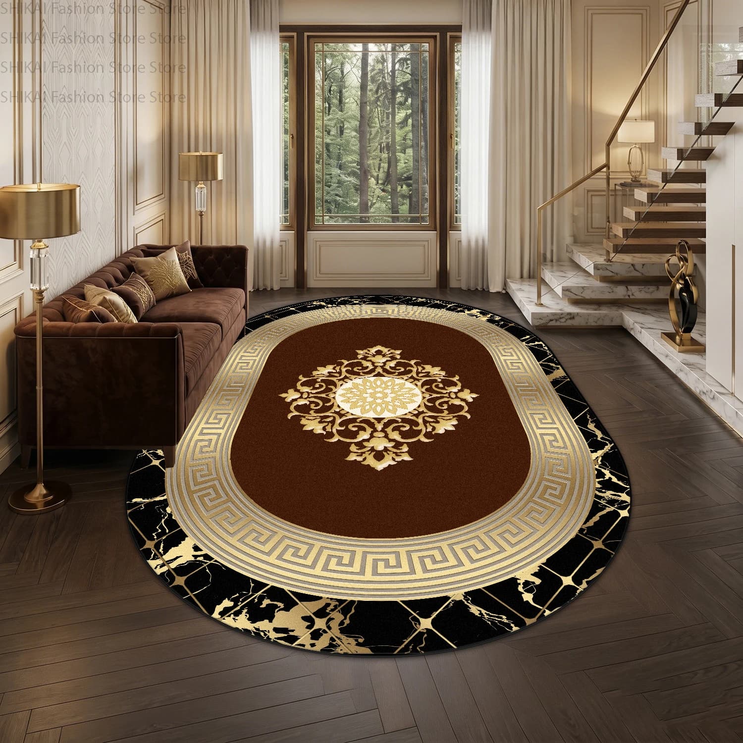 Tappeto Ovale Moderno in Stile Lussuoso Dorato per Soggiorno, Facile da Pulire, in Velluto Corto, Grande Tappeto Decorativo Antiscivolo e Soffice per Camera da Letto