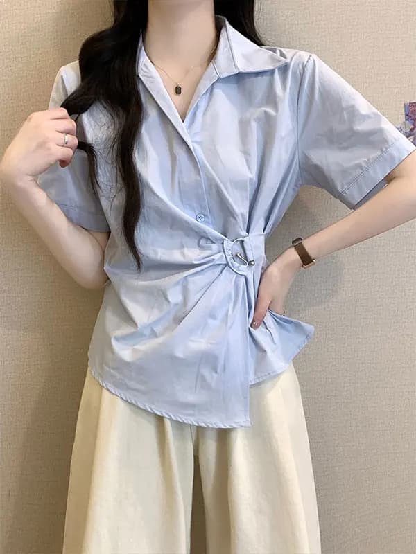 Blue Irregular Collar Short Sleeve Shirt Women Summer plus Size Slimming Waist Design Unique Top Moisture Wicking Resist...