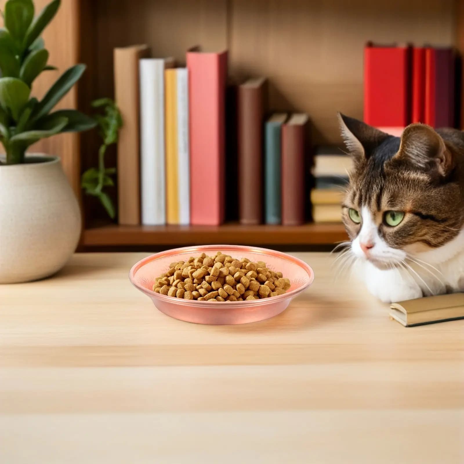 Hand-Hammered Copper Cat Bowl 6 Inch Stable Non-Spill Pet Feeding Dish Decorative Offering Bowl Copper Food Serving Dish Luxury