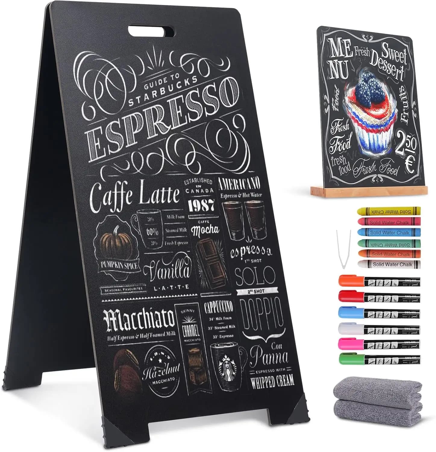 Lavagna a Doppia Faccia a Forma di A da 16x32 Pollici con Mini Lavagna, Pennarelli e Panni, Espositore Pieghevole per Menu Aziendale