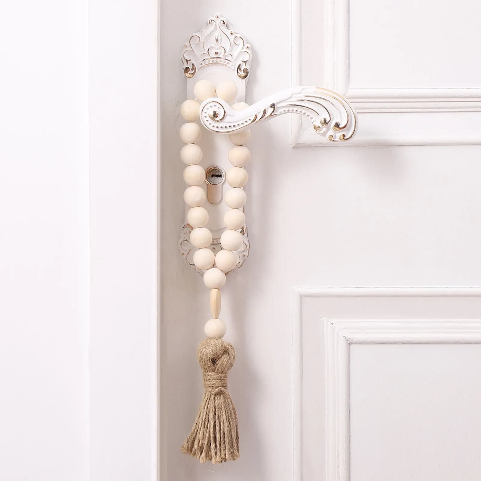 Wood Bead Garland with Tassels Handmade Rustic Farmhouse Wall Hanging Decor for Vase Jar Plant Pot Door Knob Tray Country