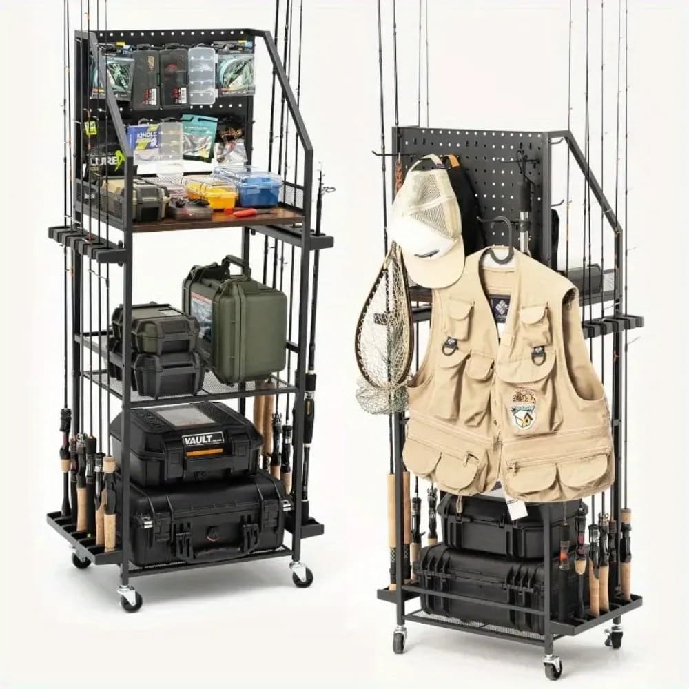 Fishing Door for Garage, Supports for 12 Cans with Hooks for Panel Drilled, Trolley Fishing Equipment with Wheels, Container for Tools