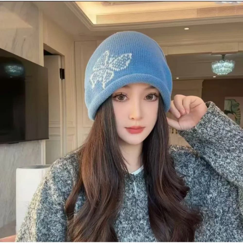 Cappello di lana lavorato a maglia con motivo a farfalla casual Berretto con coulisse a prova di freddo addensato Mantieni caldo il berretto antivento da donna