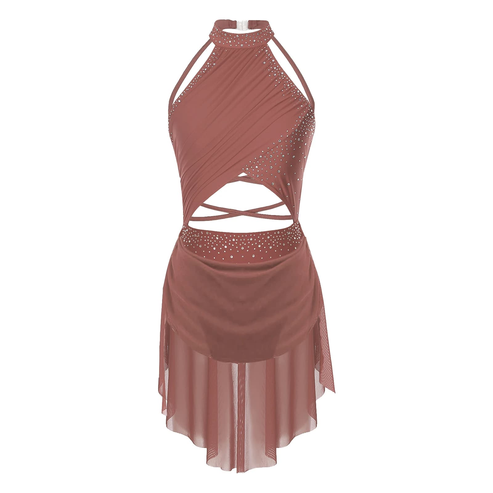 Costume da ballo lirico da donna, pattinaggio di figura, balletto, ginnastica, performance, abbigliamento da ballo, ritaglio, senza maniche, body con strass