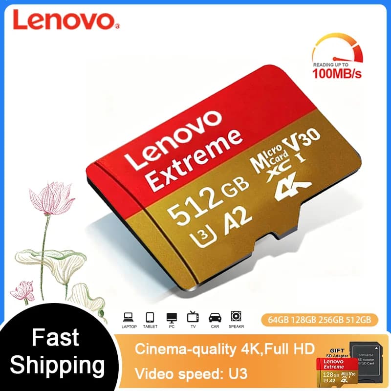 Scheda Micro SD Lenovo da 512GB, Memoria Espandibile 256GB 128GB, Scheda di Memoria ad Alta Velocità 64GB U3 4K per Lettore di Schede