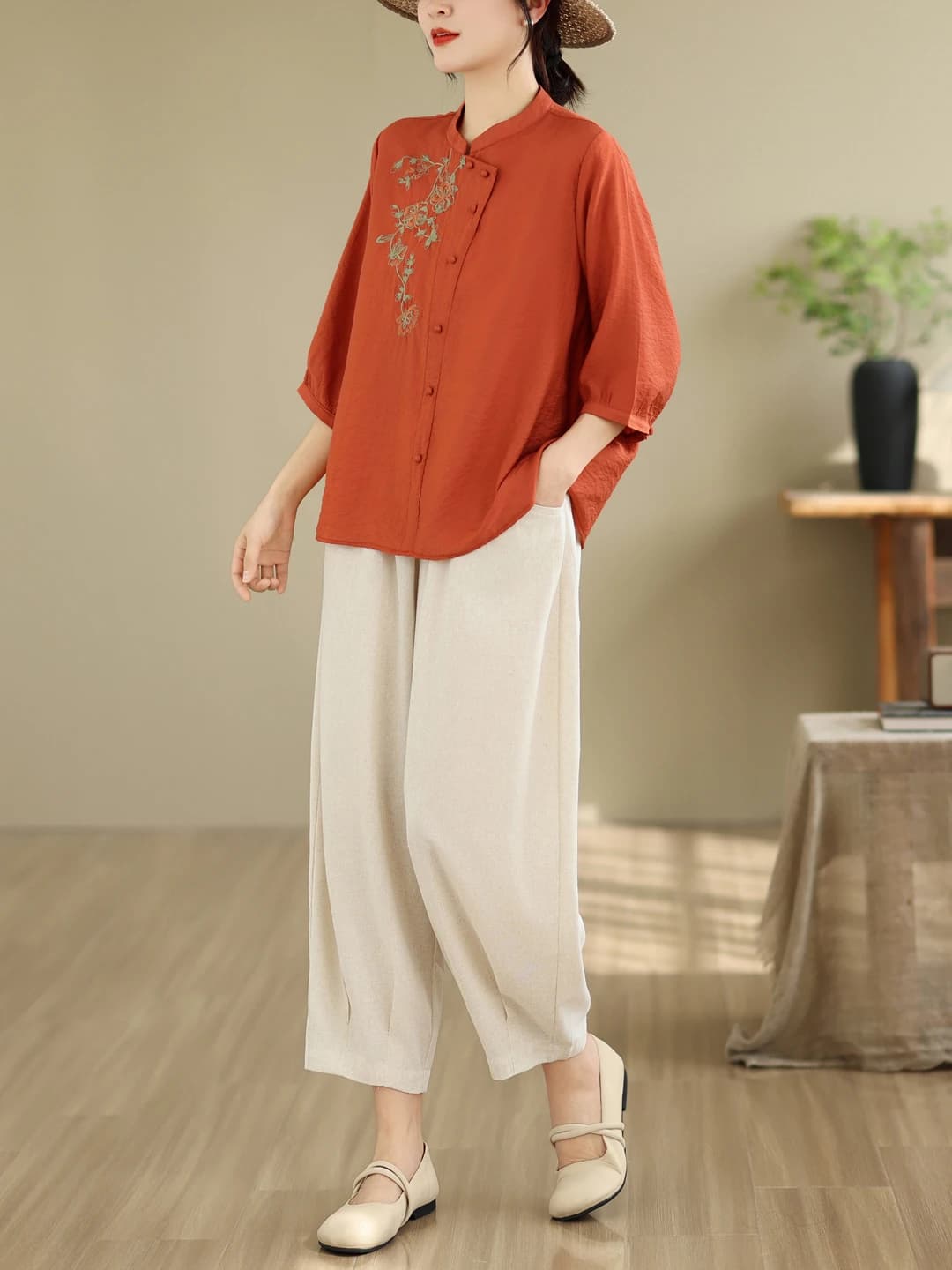 Camicia Casual in Cotone e Lino, Top Morbido che Nasconde le Forme, Pantaloni Harlan alla Moda a Tre Quarti, Nuovo Arrivo Estivo