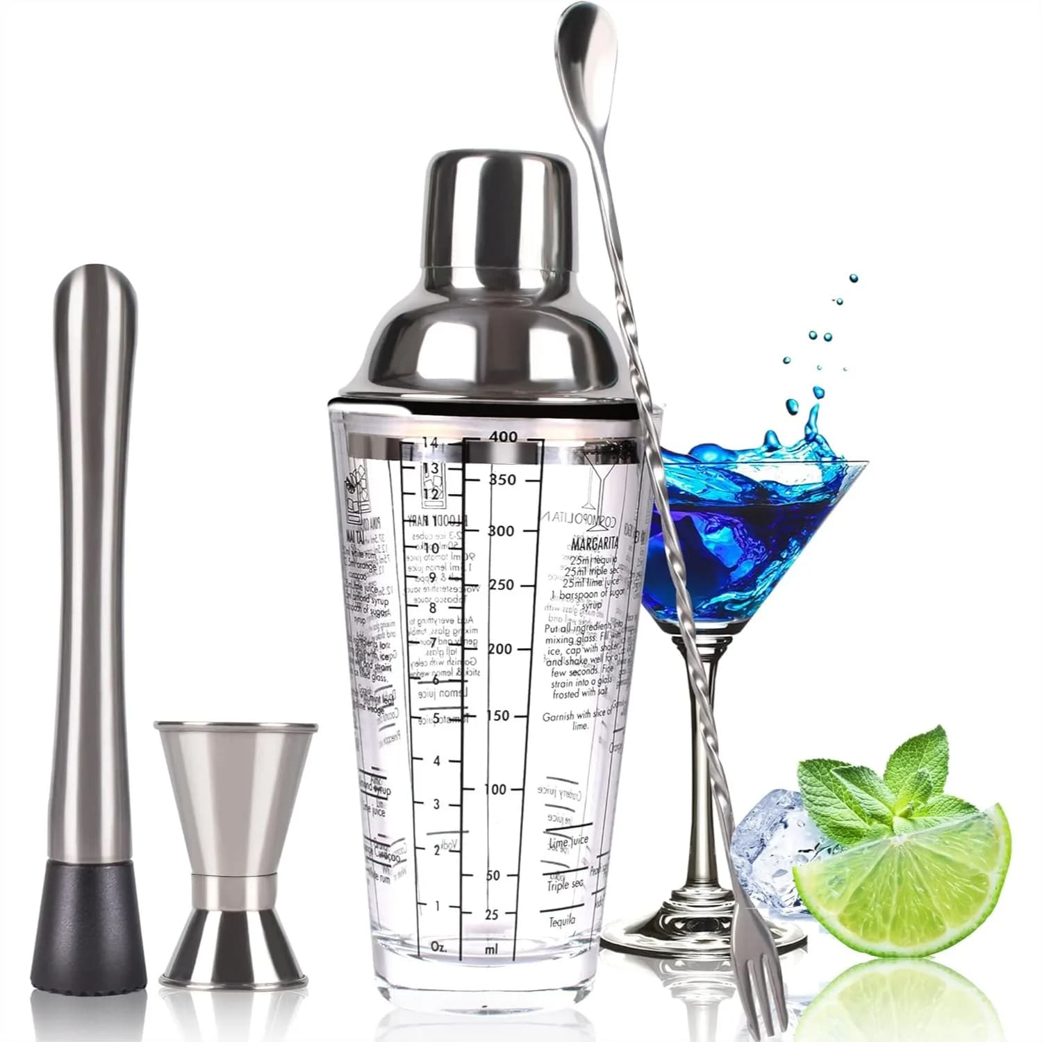 Set Shaker per Cocktail 14 Oz, Bicchiere di Vetro con Misurazioni, Mixer per Martini in Acciaio Inox, Muddler, Jigger, Cucchiaio, Kit 4 Pezzi per Bar