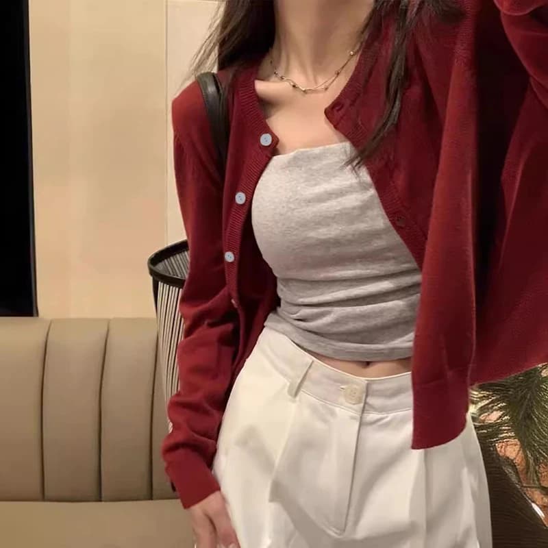 Alobee Rosso Cardigan Maglia Inizio Autunno Vestiti Delle Donne Nuovo 2024 All'aperto Crop Maglione Della Tuta Sportiva Manica Lunga Top Che Basa La Camicia