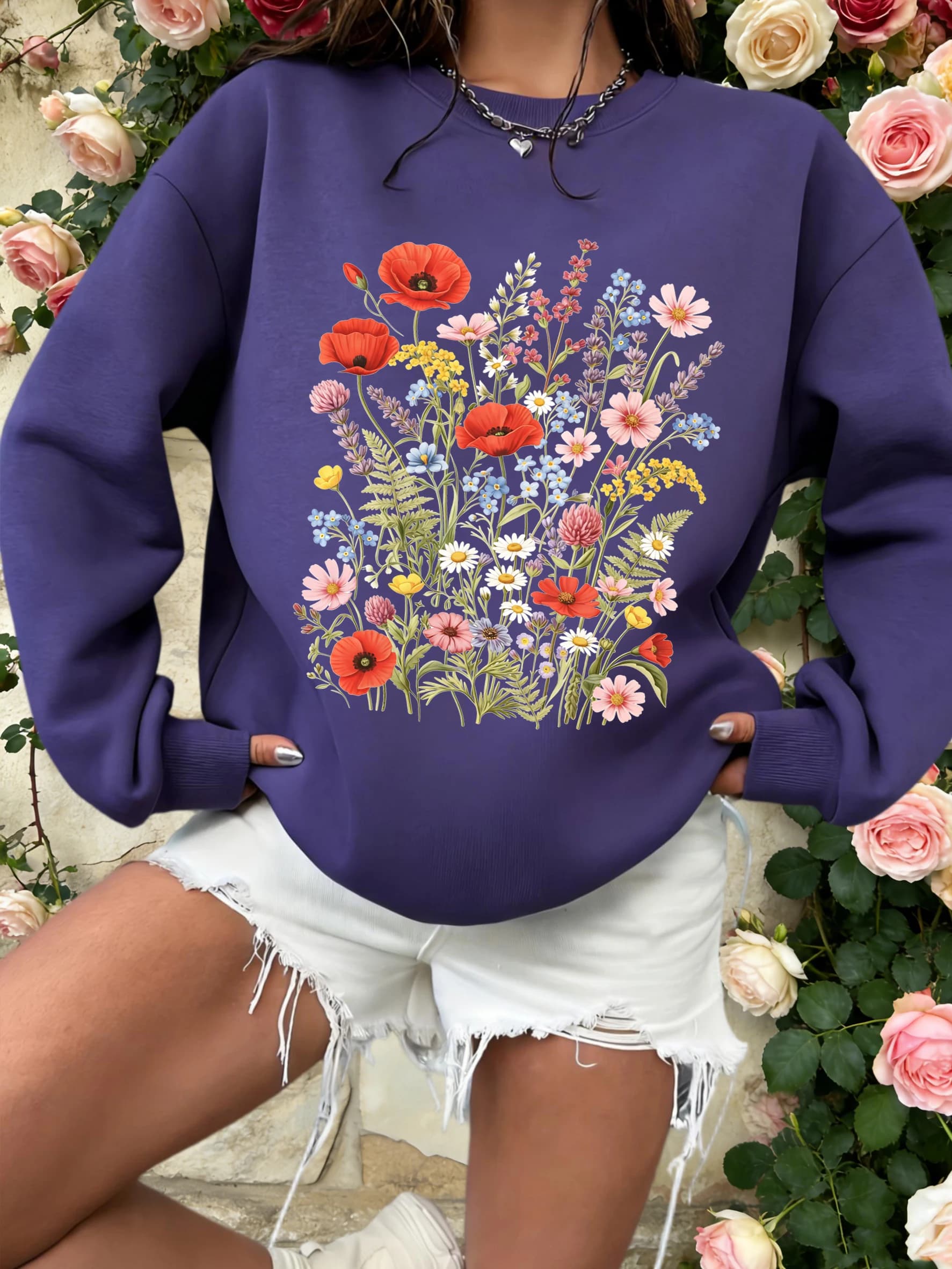 Women's sweatshirt with wild flower cluster design in watercolor style, wide pullover with O neckline, fleece sports clothing for autumn