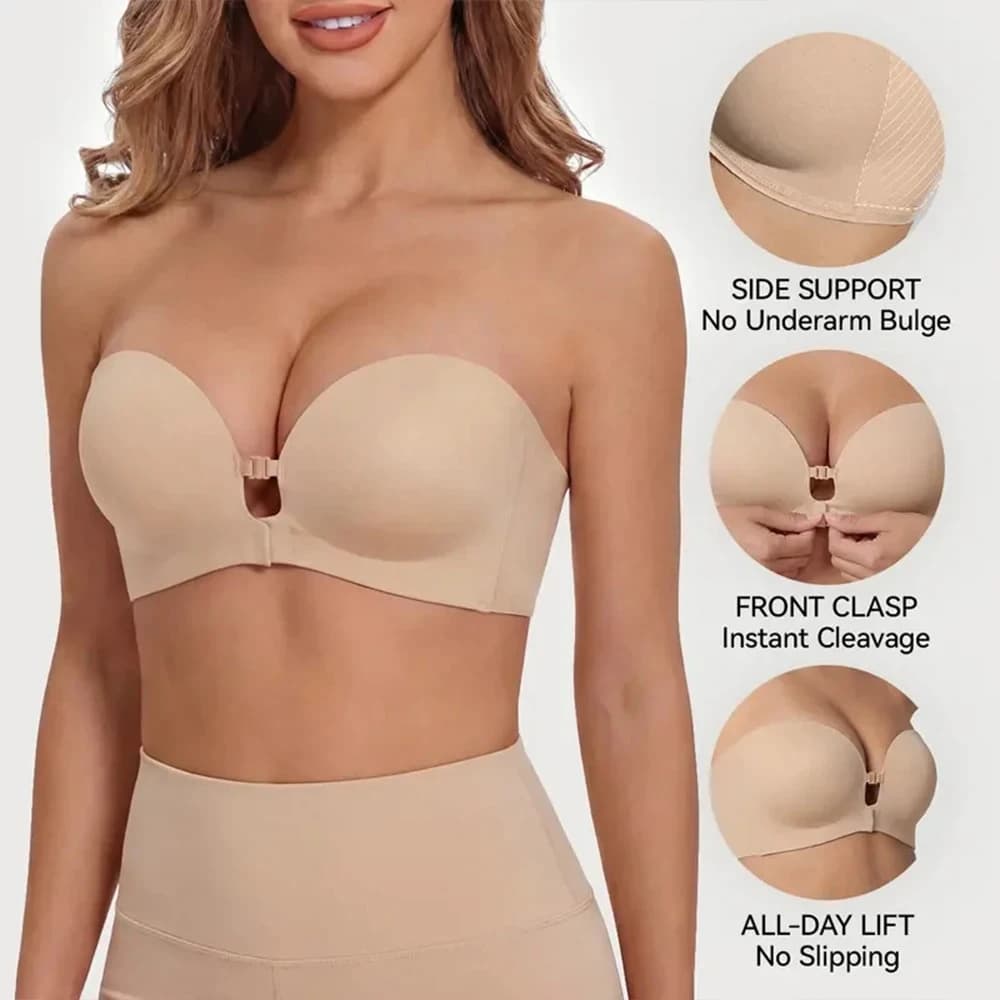 Front Closure Strapless Bras For Women Seamless Push Up Brassiere Thick Soft Underwear Solid Color Adjustable Invisible Lingerie