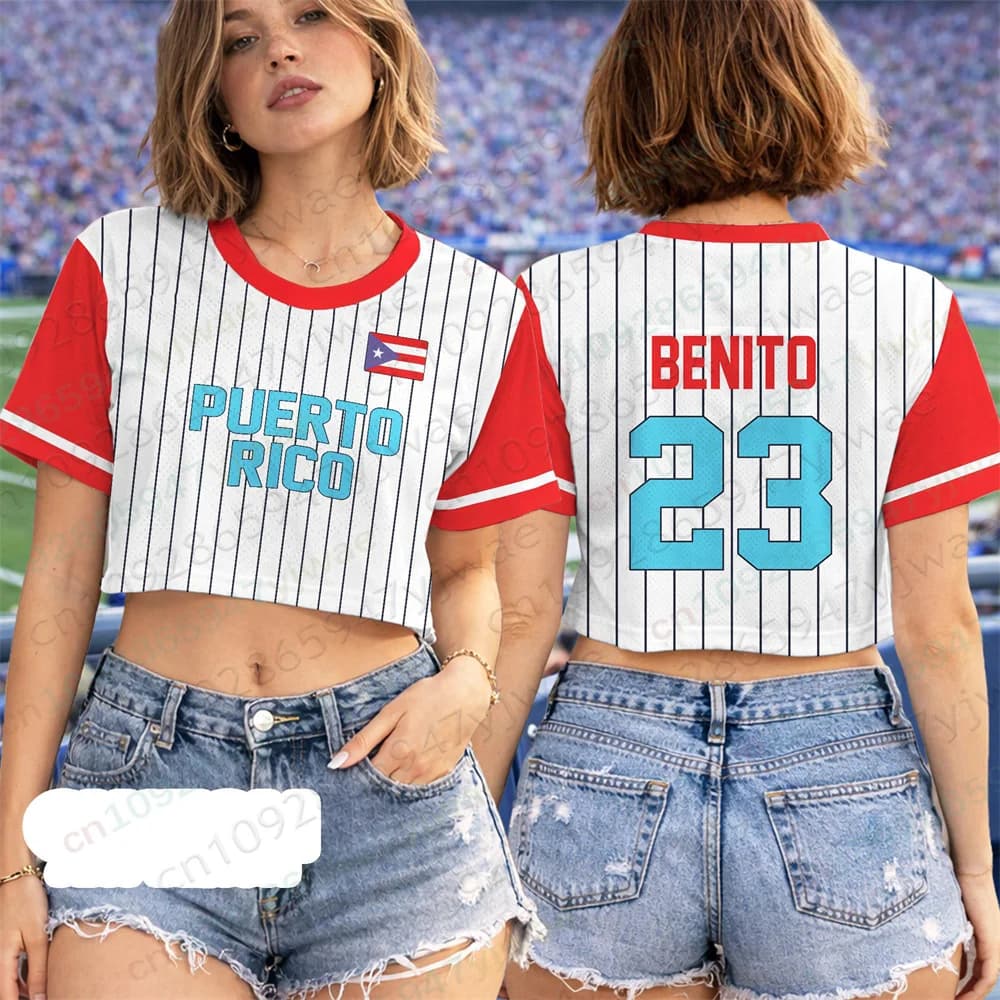 Maglietta Crop Top Porto Rico, T-Shirt Benito Rugby, Top Moda Y2k, Top Estivo Sexy da Donna, T-Shirt Femminile