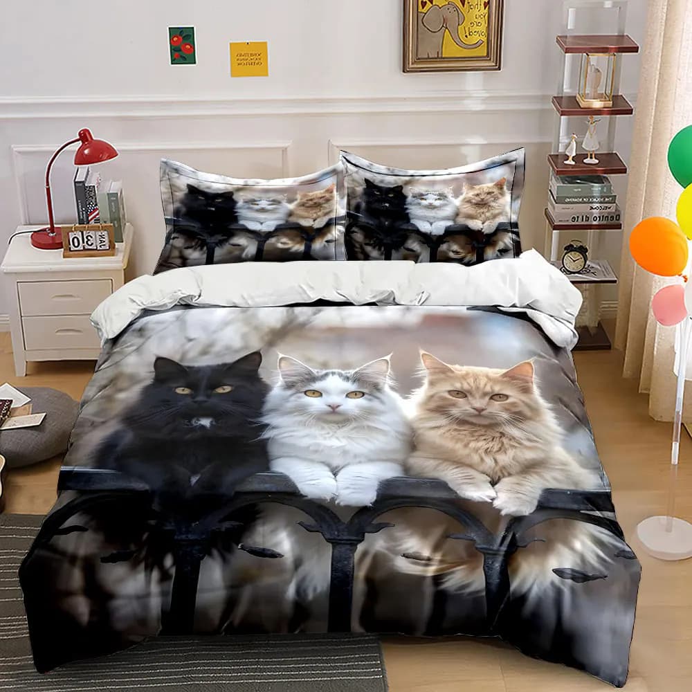 Three cats elegantly seated on railing Pattern Duvet Cover Set Digital Print Colorful Polyester Bedding with Zipper Closur