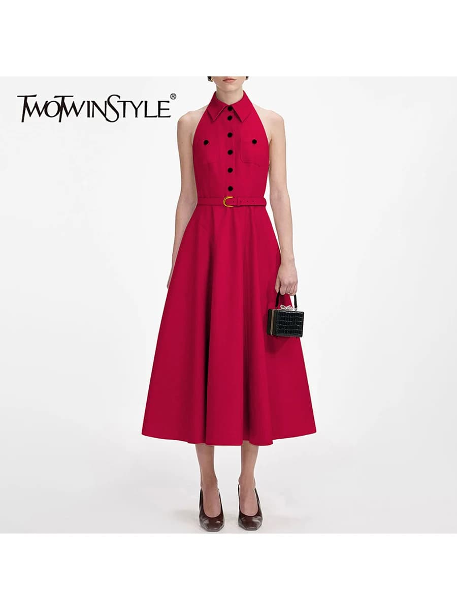 TWOTWINSTYLE Solid Spliced Belt Temperament Dresses for Women Lapel Sleeveless High Waist Patchwork Buttons Basics Dress Female