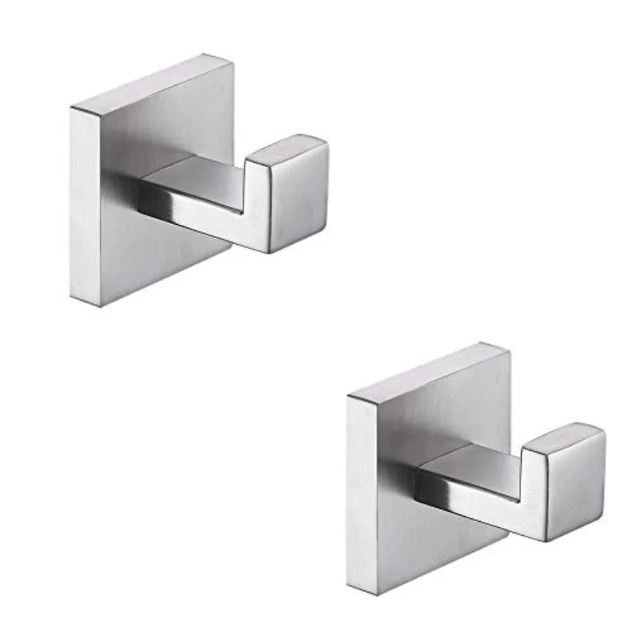 Bath Towel Hooks, 2 Pack Stainless Steel Robe Coat and Clothes Hook, Heavy Duty Wall Hook for Bathroom and Kitchen, Modern Squa