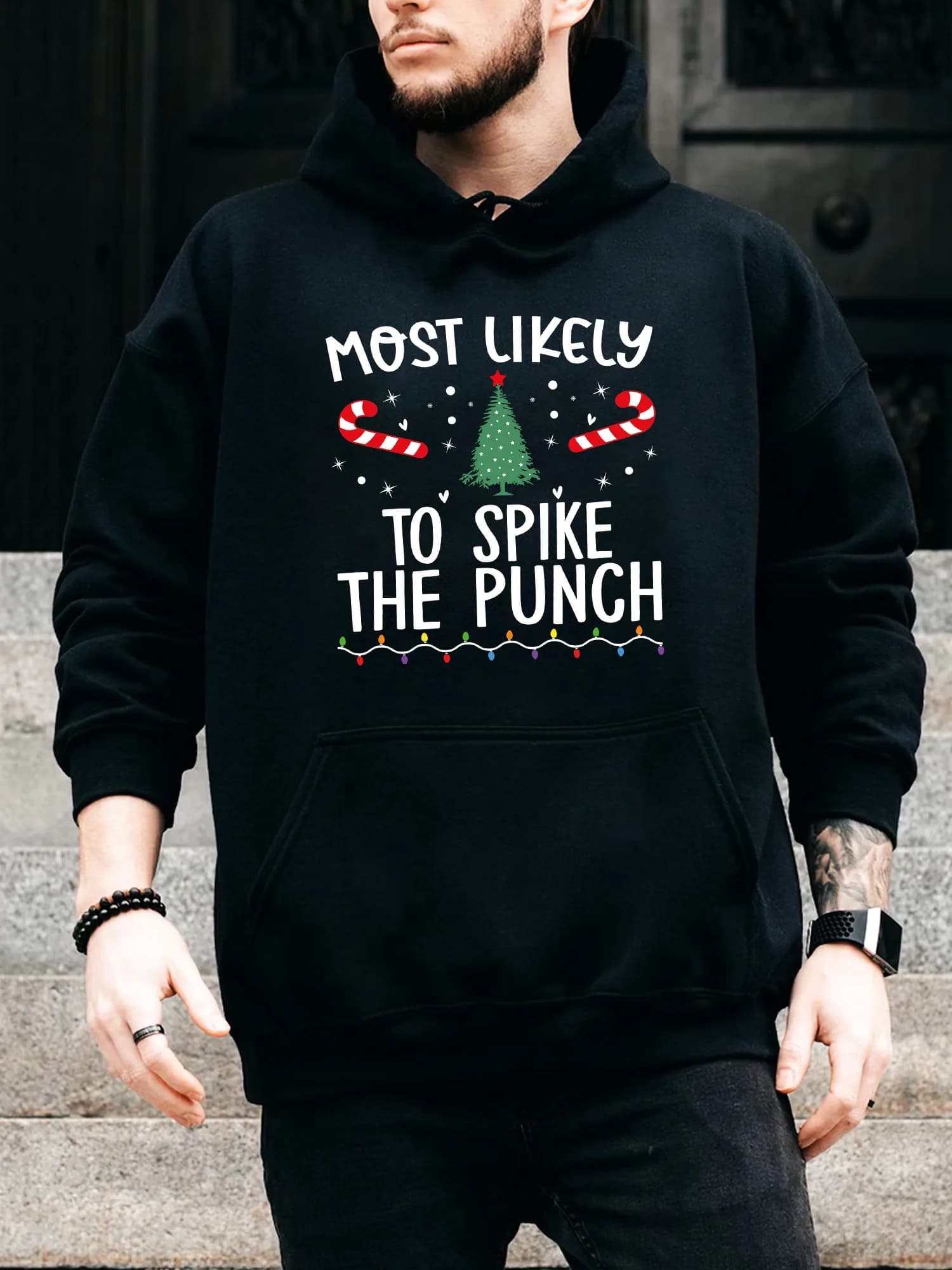 Felpa con cappuccio da uomo con coulisse To Spike the Punch Xmas - Pullover nero casual e confortevole, felpa con cappuccio autunno e inverno