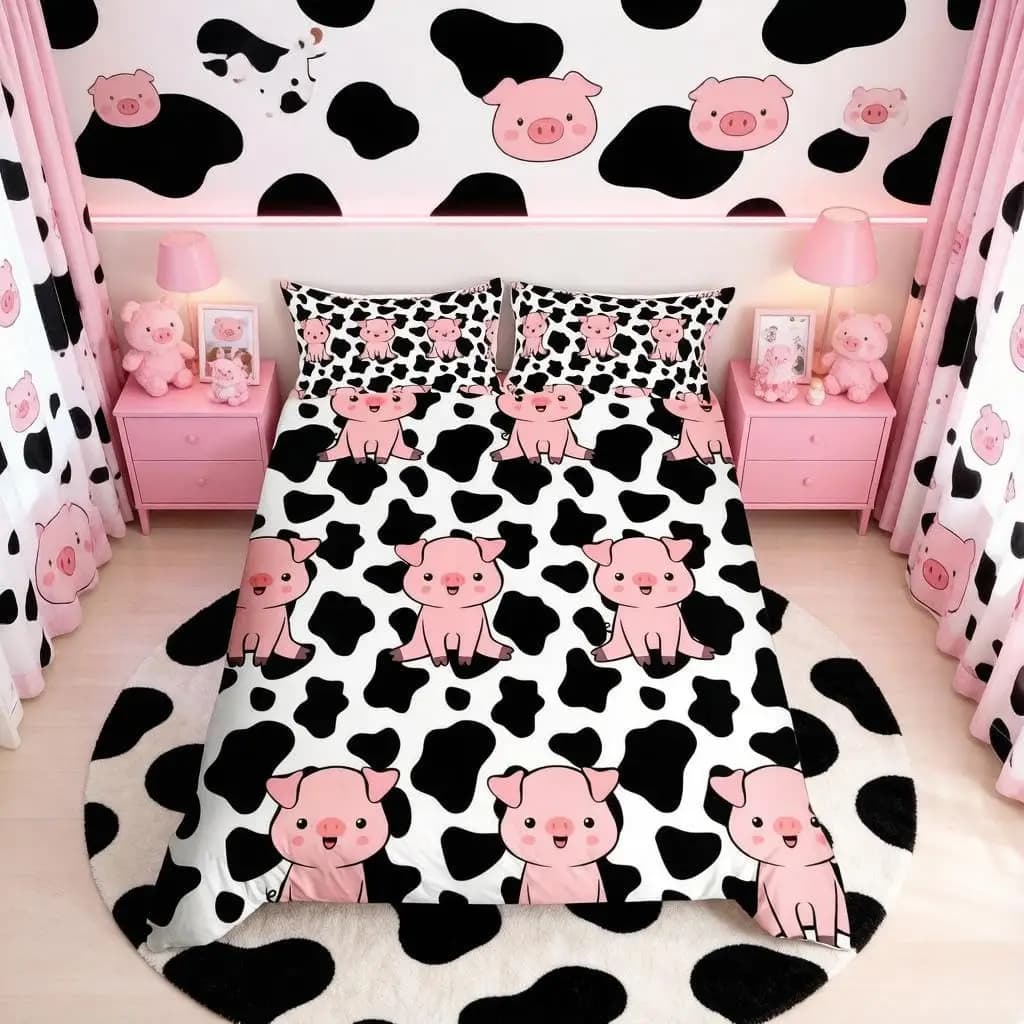 Cute Pink Pig Duvet Cover Set Single Size Black White Cow Bedding Set With 1 Pillowcase Cartoon Farm Animal For Kids
