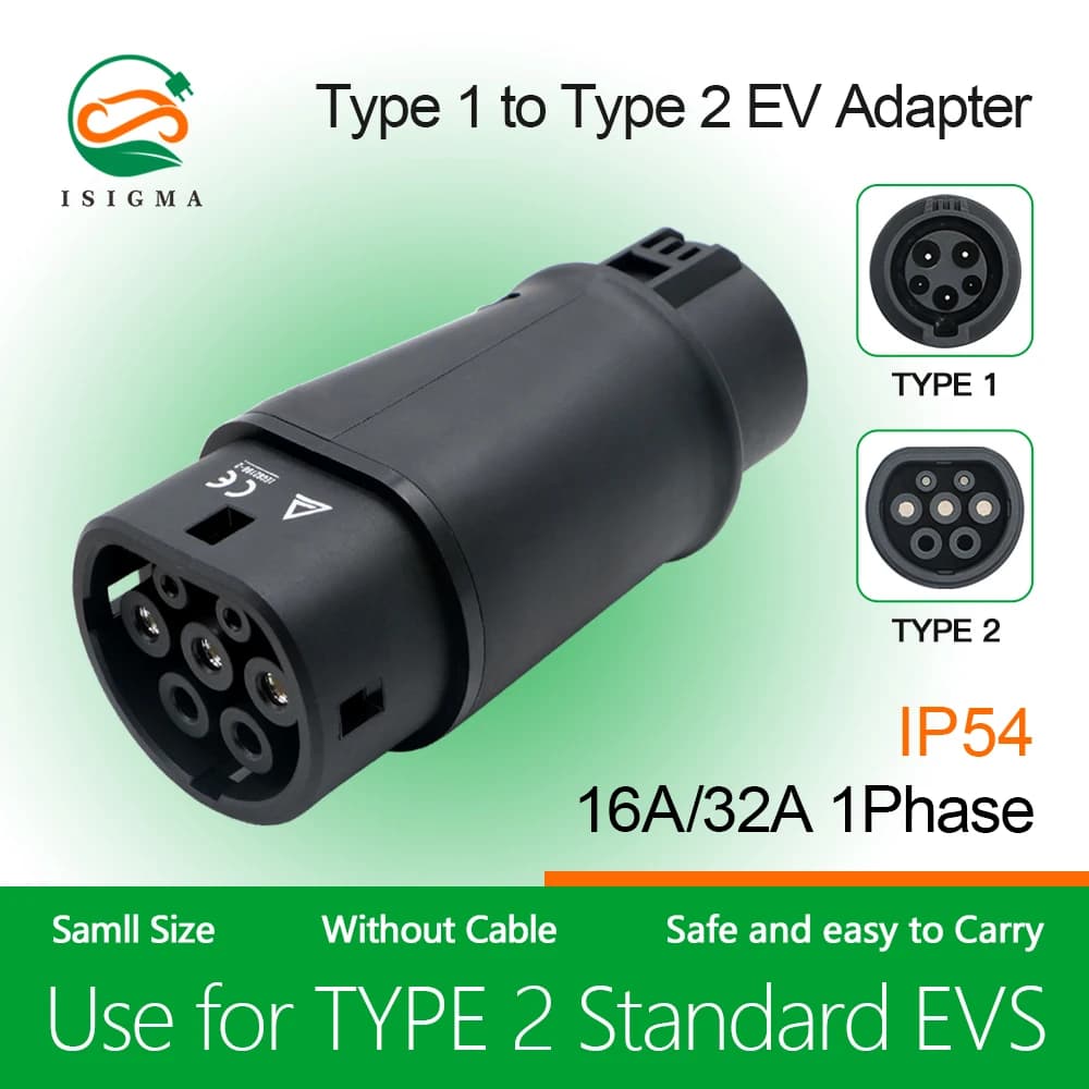 ISIGMA 32A 7.2KW EV Charger Adapter Type1 To Type2 EVSE Connector Type 2 Charging Converter For Electric Vehicle Car