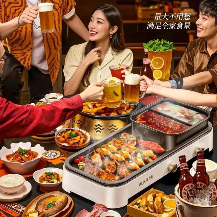 Piastra elettrica per grigliare e friggere, forno per barbecue domestico, hot pot due in uno, barbecue senza fumo multifunzionale