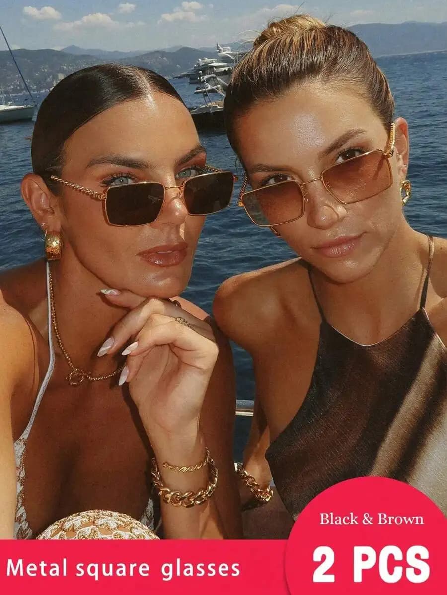 2 Pcs Metal Square Sunglasses For Women Black And Brown