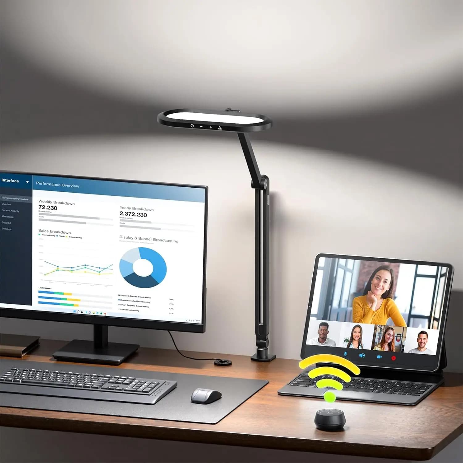 Wireless Dimmable LED Desk Lamp with Remote Control, Memory Function, Adjustable Arm and Clip for Home, Office, Studio, Video Calls