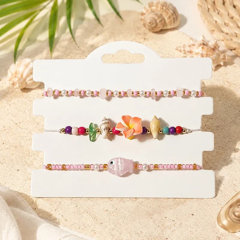3Pcs/Set Boho Ocean Beach Bracelets for Women Shell Plumeria Flower Seed Bead Adjustable String Bracelet Summer Vacation Jewelry