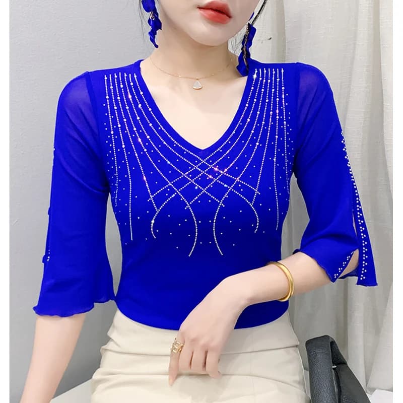 Maglietta in Rete Primavera-Estate 2026, Moda Coreana con Diamanti, Slim Fit, Maniche 3/4, Traforata, Casual per Donna