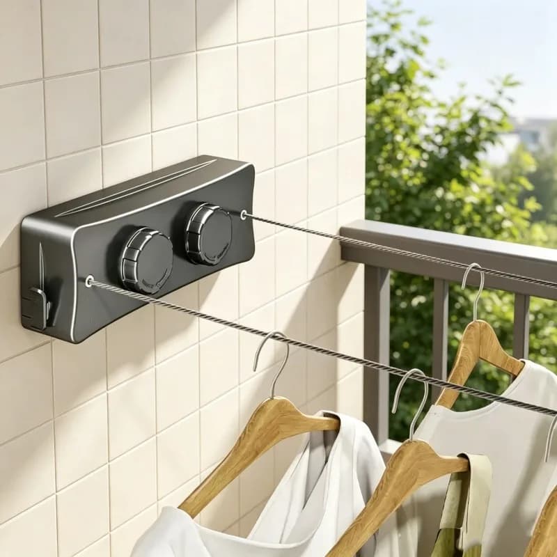 Stendibiancheria Retrattile in Acciaio Inossidabile 5.1M con Doppio Filo, Design a Parete per Uso Domestico, Balcone e Lavanderia