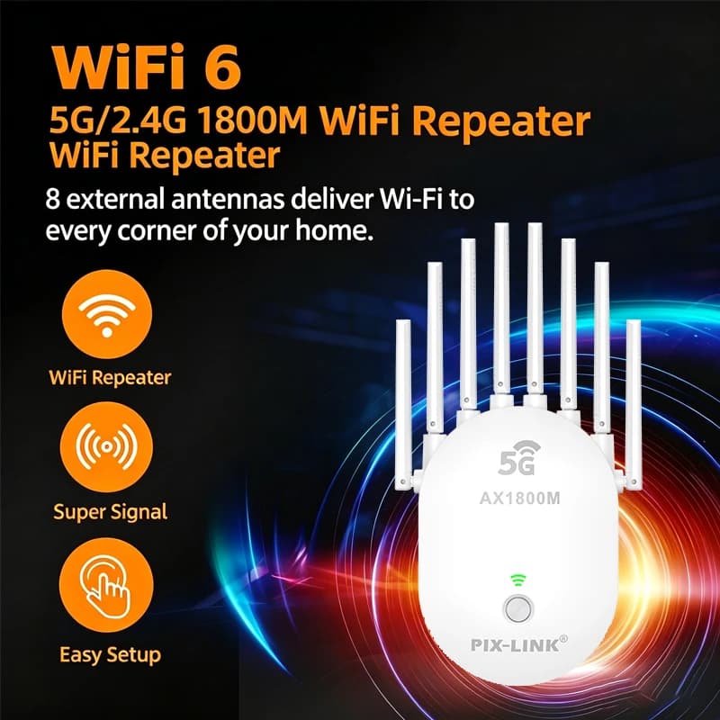 PIX-LINK AX19 Ripetitore WiFi 6 AX1800 Dual Band 5GHz/2.4GHz, Estensore WiFi con 8 Antenne, Amplificatore di Segnale, Modalità Ripetitore/AP per Casa