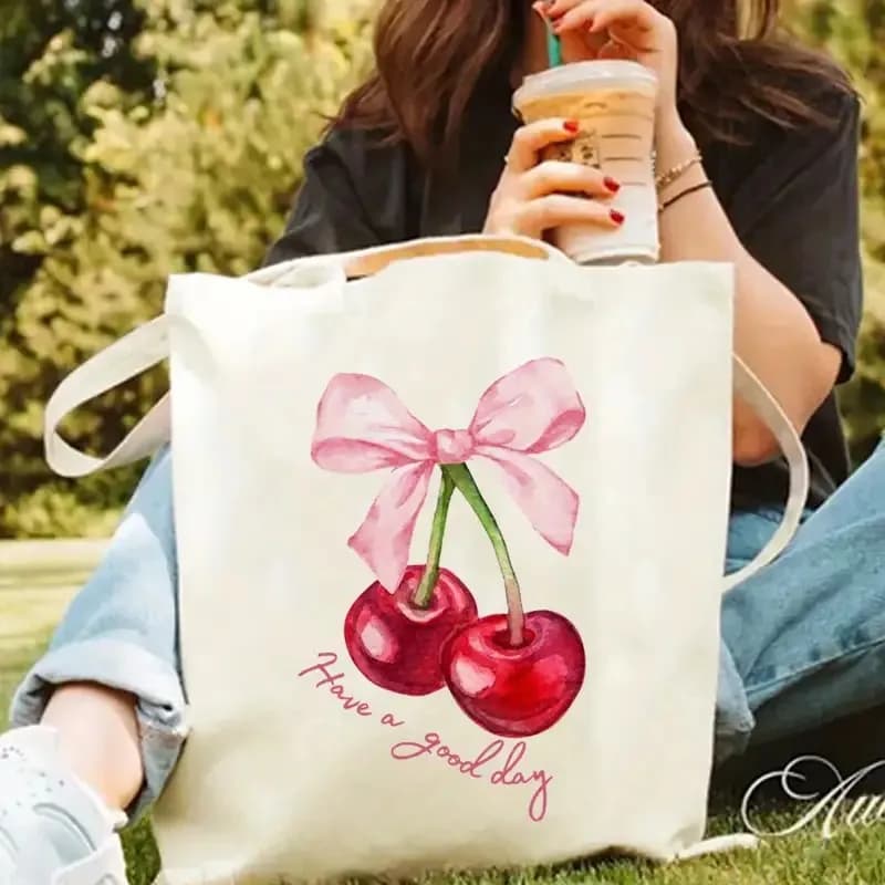 Borsa tote in tela con design a fiocco in ciliegio, borsa alla moda casual Have a Good Day, lavabile in lavatrice, materiale in tela resistente