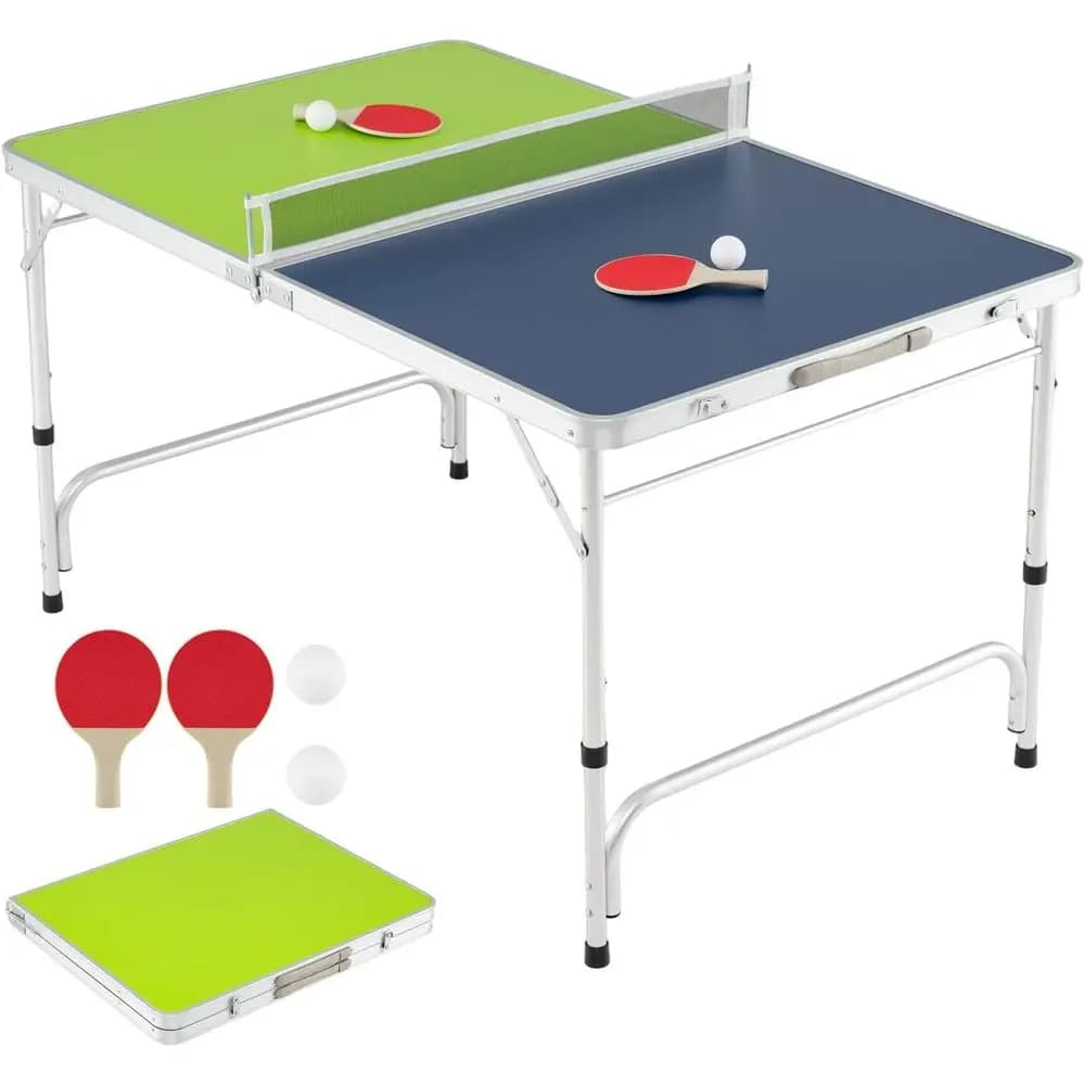 Tavolo da Ping Pong Pieghevole, 100% Preassemblato, con Rete, 2 Racchette, Palline da Ping Pong, Gioco Portatile