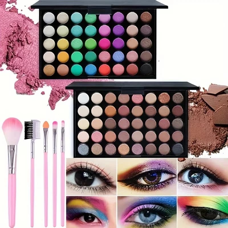 40 Color Glittered Shade Palette Cosmetic Makeup Kit Long Life Waterproof Opaque Pressed Powder, 5 Brush Options