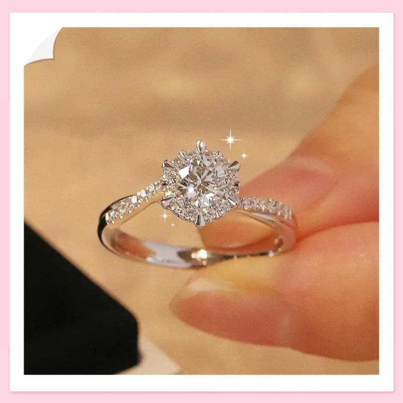 Anello in Cramoissanite, Anello da Donna di Lusso Leggero con Bracciale Intrecciato a Quattro Griffe, Anello di Fidanzamento a Fiocco di Neve e Girasole