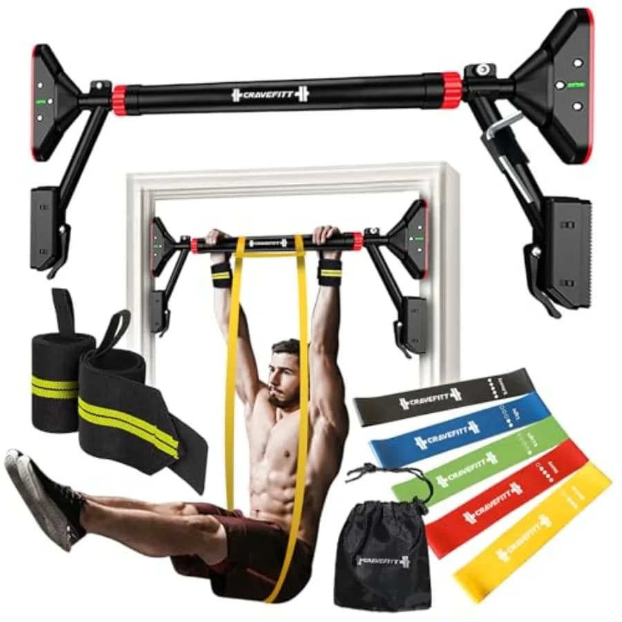 Traction bar for door with resistance bands and wrist bands Adjustable traction bar for upper body workout Lockin 29.9" 35.5"