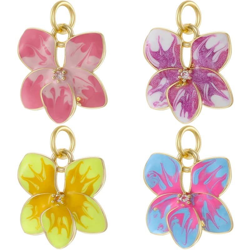 3Pcs/lot,Colorful Enamel Zirconia Flower Charms(with Open Ring)Gold-Plated Brass Pendant Women's Jewelry Making Supplies:VD2329
