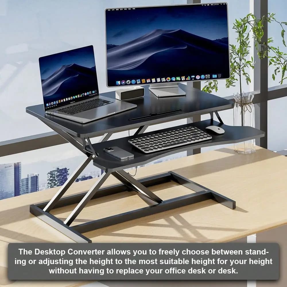 Inch Desk Converter,Height Adjustable Sit To Stand Riser, Dual Monitor And Laptop Workstation With Wide Keyboard Tray, Black