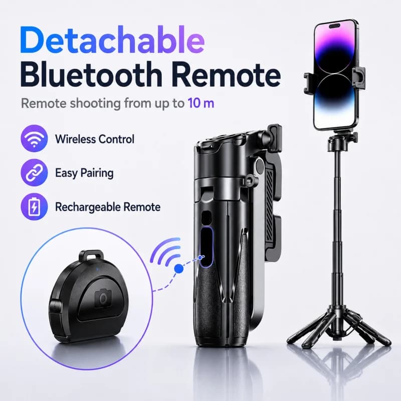 Mini treppiede per selfie P15 con telecomando Bluetooth, supporto portatile estensibile per telefono, compatibile con iPhone e Android, ideale per viaggi e vlog.