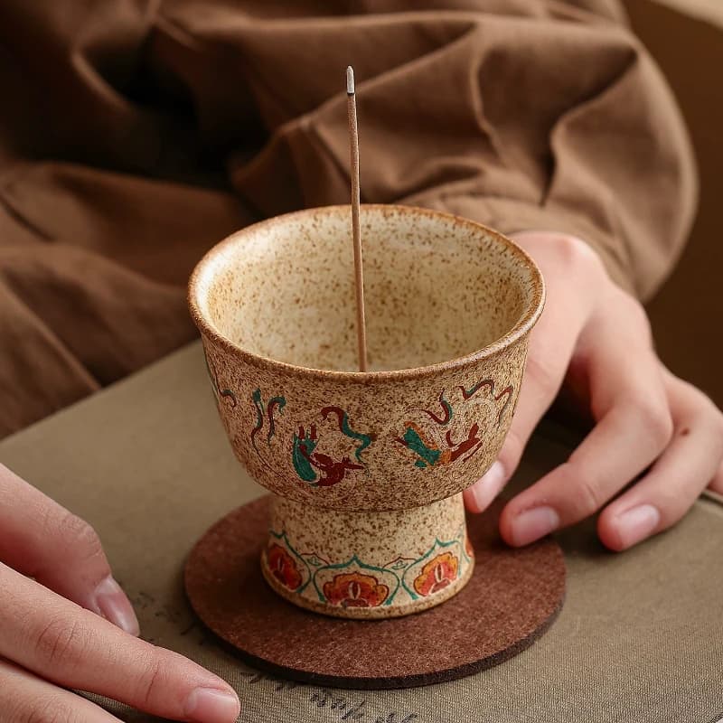 Dunhuang Style Painted Ceramic Incense Holder Goblet‑Shape Stick Incense Burner Chinese Retro Tea Room Table Decor Ornament