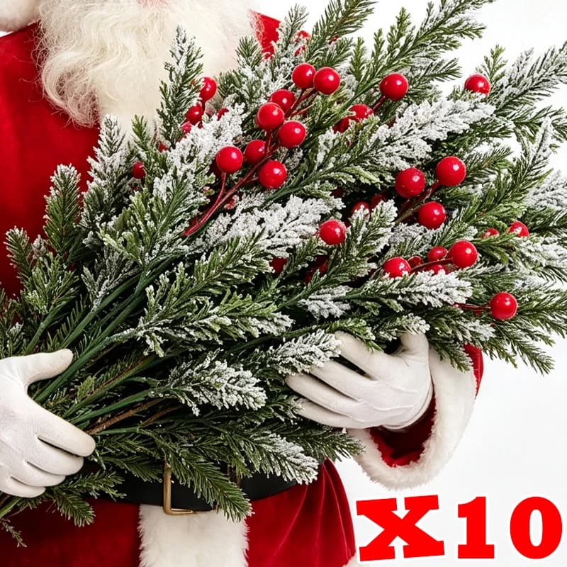 Artificial Plants Cypress Leaves Christmas Red Berries Pine Needles Branches Flower Fake Plant Wreath DIY Xmas Tree Craft Decor
