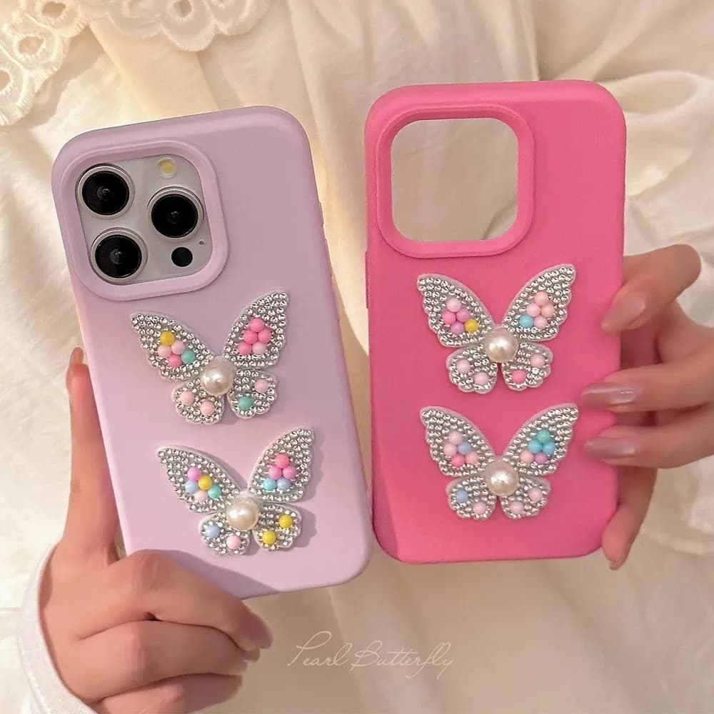 Moda 3D Perla Farfalla Custodia morbida in silicone a prova di caduta per iPhone 16 11 12 13 14 15 Pro Max Cover posteriore antiurto carina