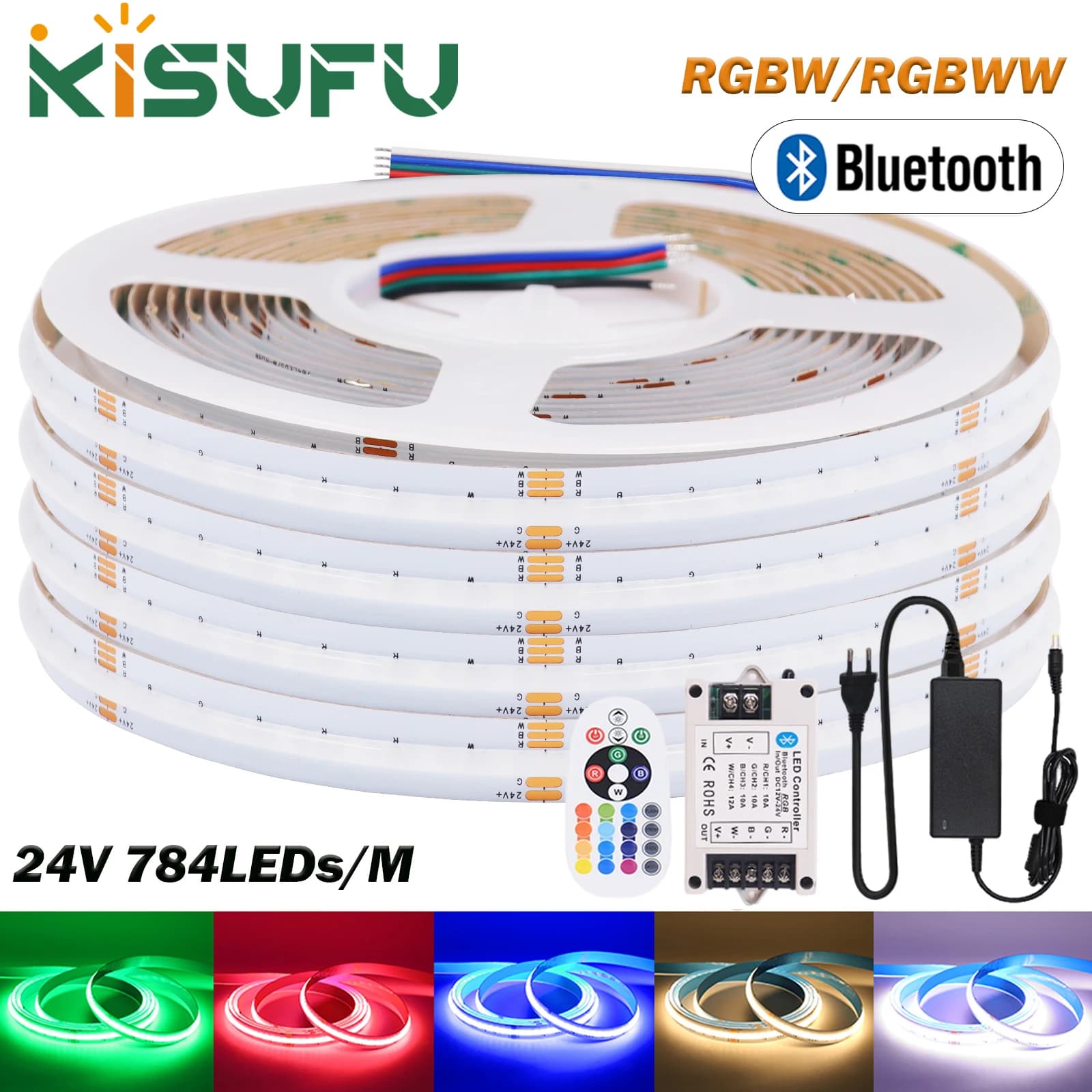 LED Strip RGBWW RGBW COB 24V 784 LED/m, Bluetooth Smart Kit with EU/UK/US/AU Plug, RGB Flexible Tape for Decoration Rooms