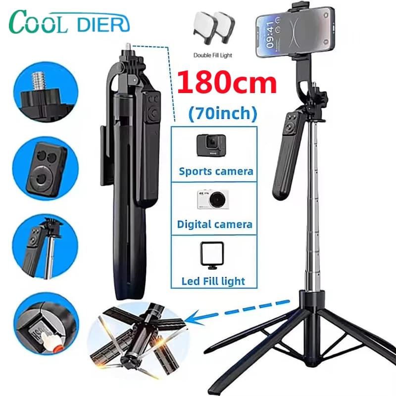 COOL DIER Treppiede da 180 cm Attrezzatura ausiliaria per smartphone con supporto per selfie stick Telecomando Bluetooth wireless per iPhone Android