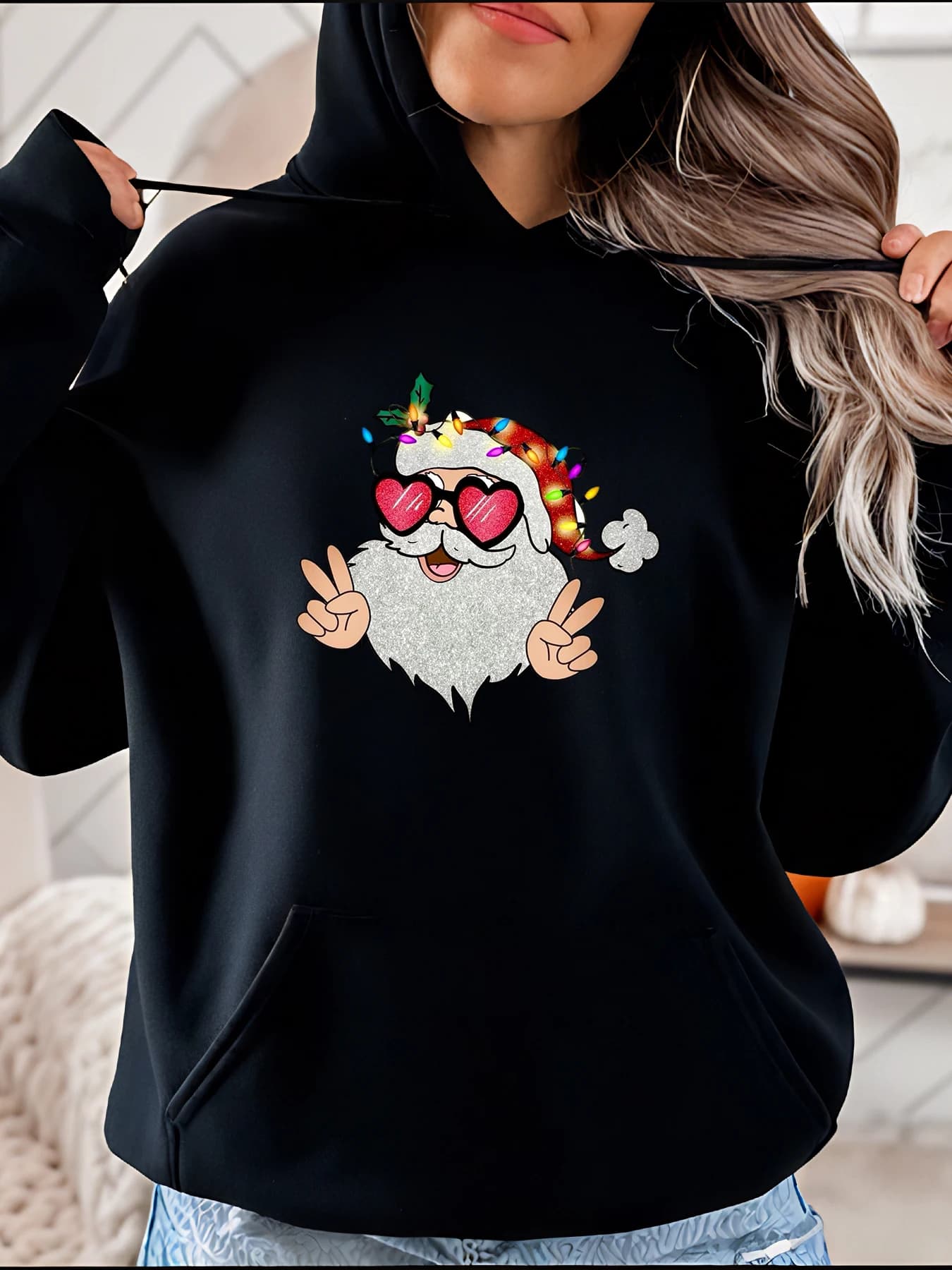 Felpa con cappuccio con stampa di occhiali da sole con cuore di Babbo Natale, casual, per le vacanze di Natale, moda streetwear da donna