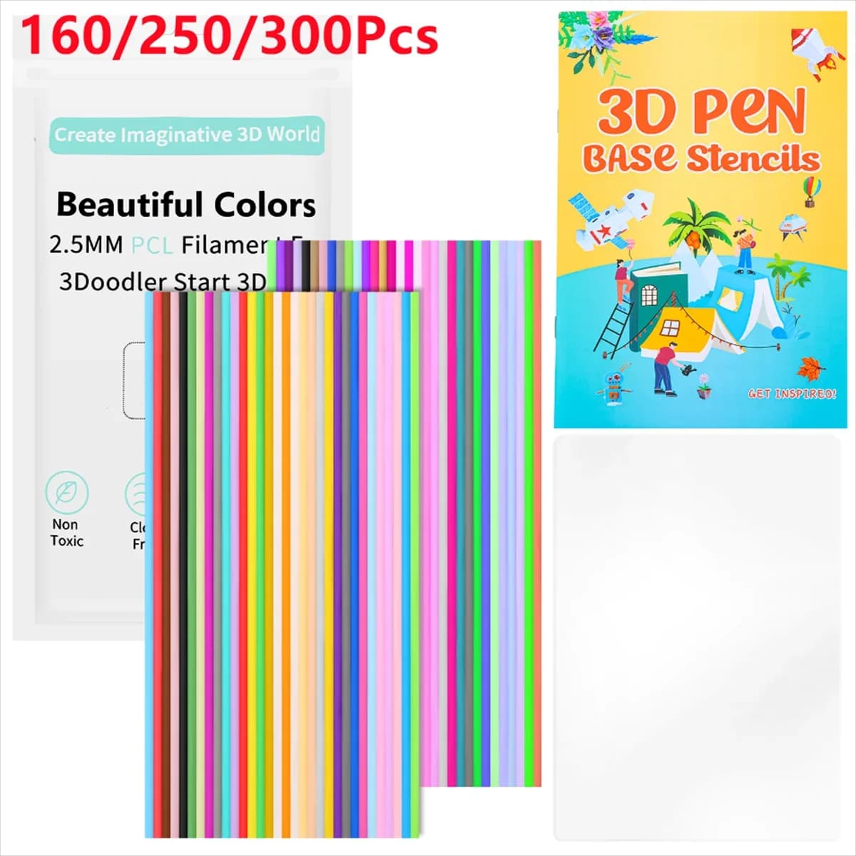 300/250/160 Pezzi 32 Colori Ricariche di Filamento 3DPen Compatibili con 3Doodler Start 2.5mm, Confezioni di Ricarica per Penna 3D per Bambini