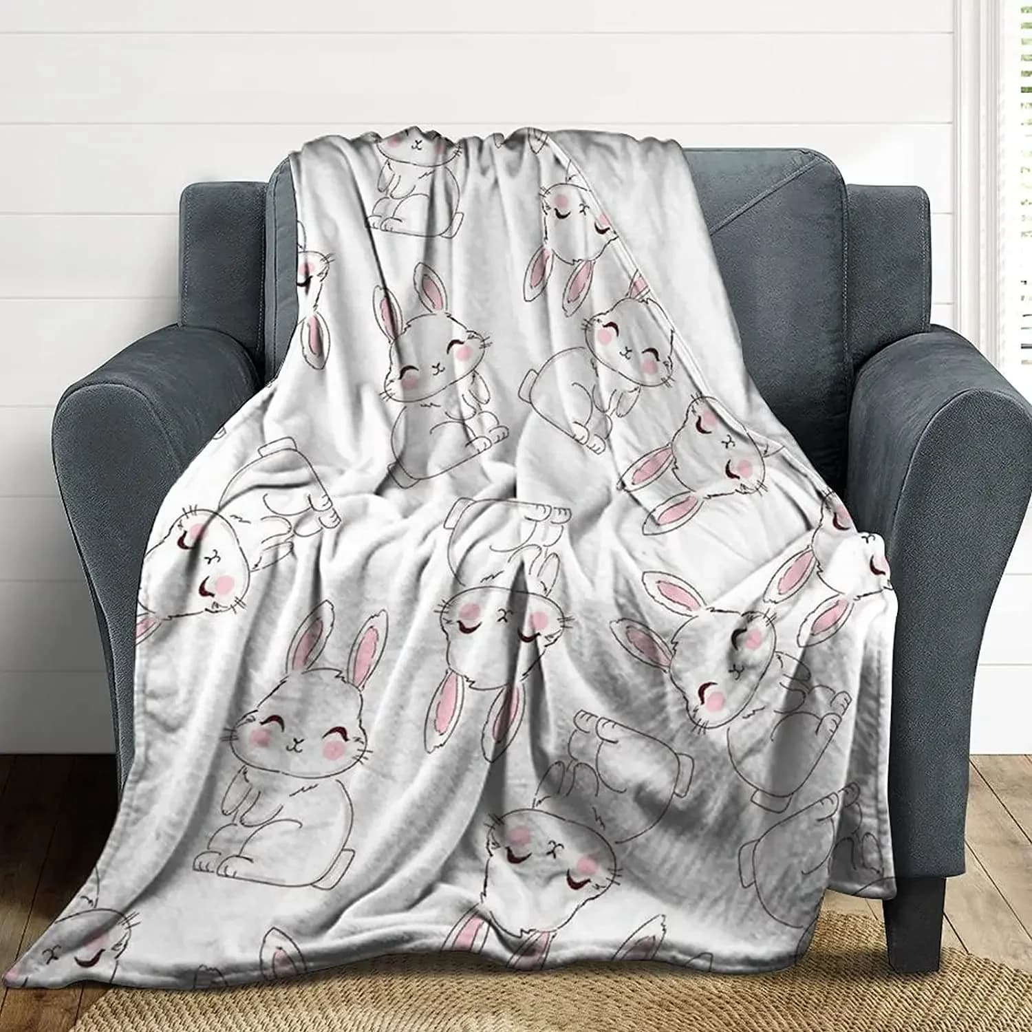 Coperte coniglietto, coperta di flanella morbida e accogliente leggera, trapunta di peluche resistente per la decorazione del divano della sedia di casa, coperta di tiro del divano in pile