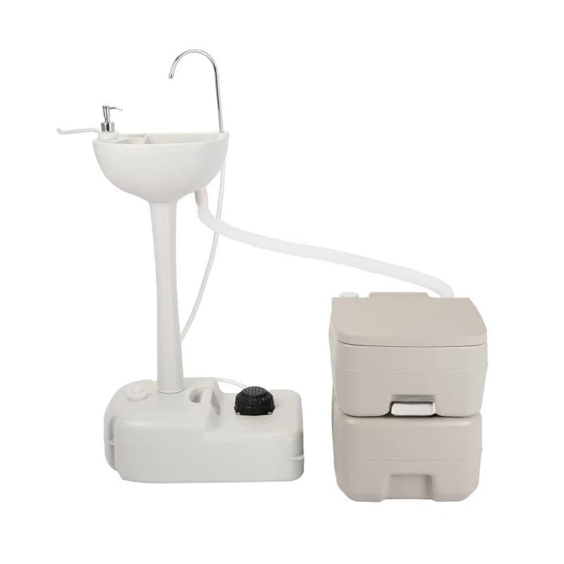 Portable combination for sink and toilet, hand wash station from 5 gallons and toilet with drain from 5,3 gallons, detachable recycling of waste water