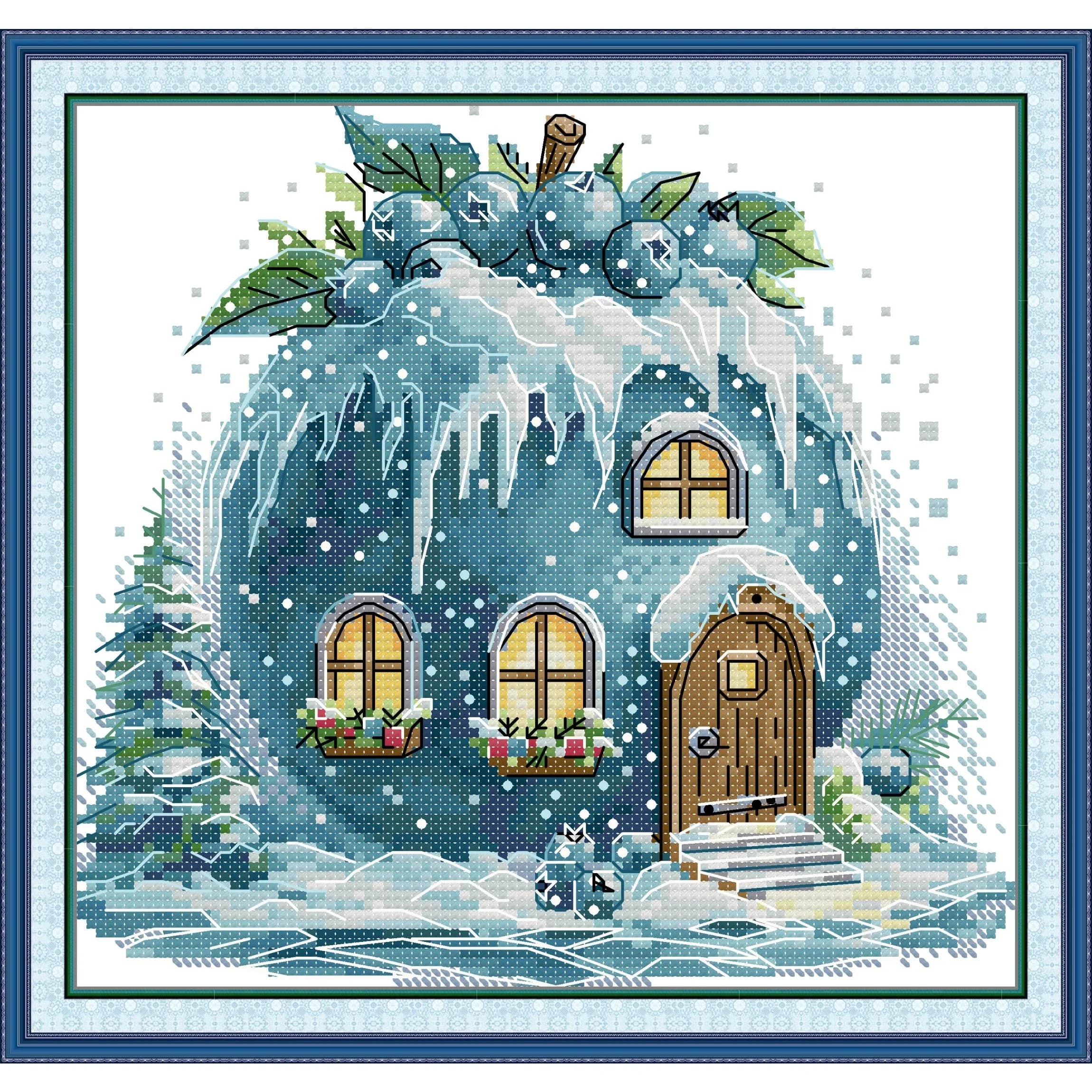 Joy Sunday News Pre-Printed Cross Stitch Kit, Stamped Aida Fabric with DMC Threads, Embroidery Kit - Blueberry Hut