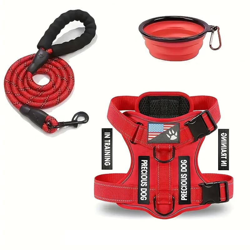 Set di pettorina e guinzaglio per cani di servizio con 1 ciotola pieghevole Imbracatura per gilet per cani regolabile riflettente Imbracatura morbida per animali domestici Oxford per piccole M